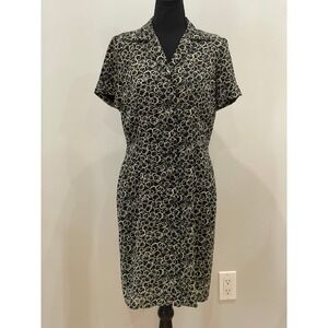 David Warren 8P Black/Beige Patterned Button Down with Shoulder Pads Knee Length